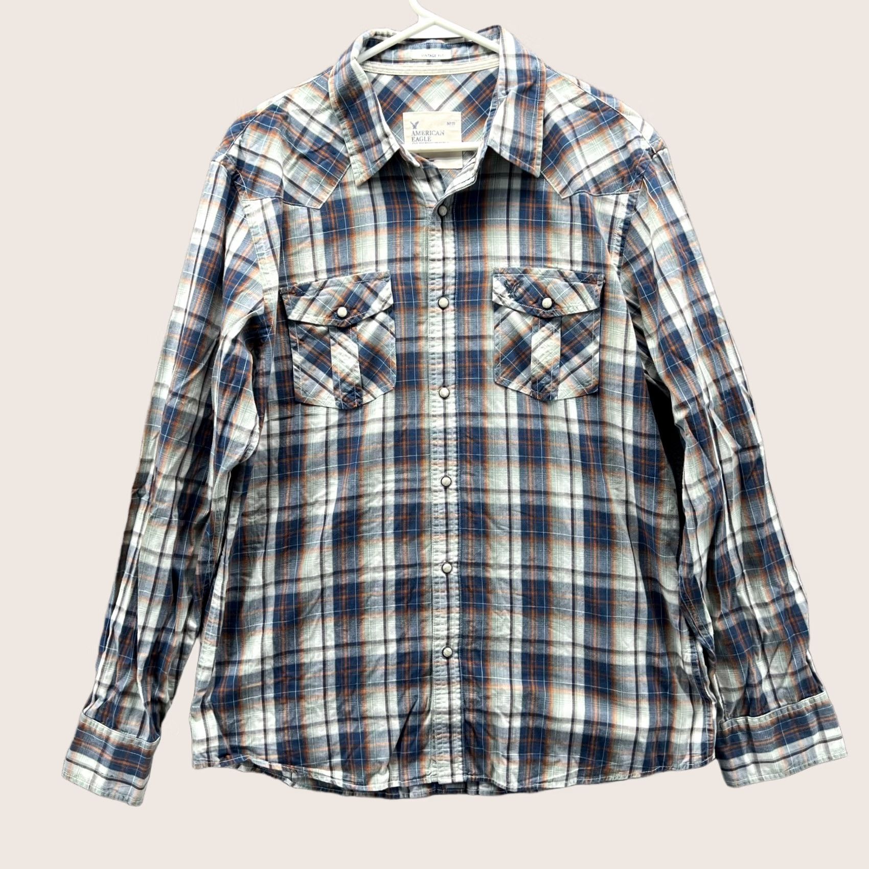 American Eagle Outfitters VINTAGE American Eagle Outfitters Shirt Western Plaid Button-Up Long Sleeve Collared Blue Orange Mens Large 44 Chest Regular Fit Cotton Size US L / EU 52-54 / 3 - 1 Thumbnail