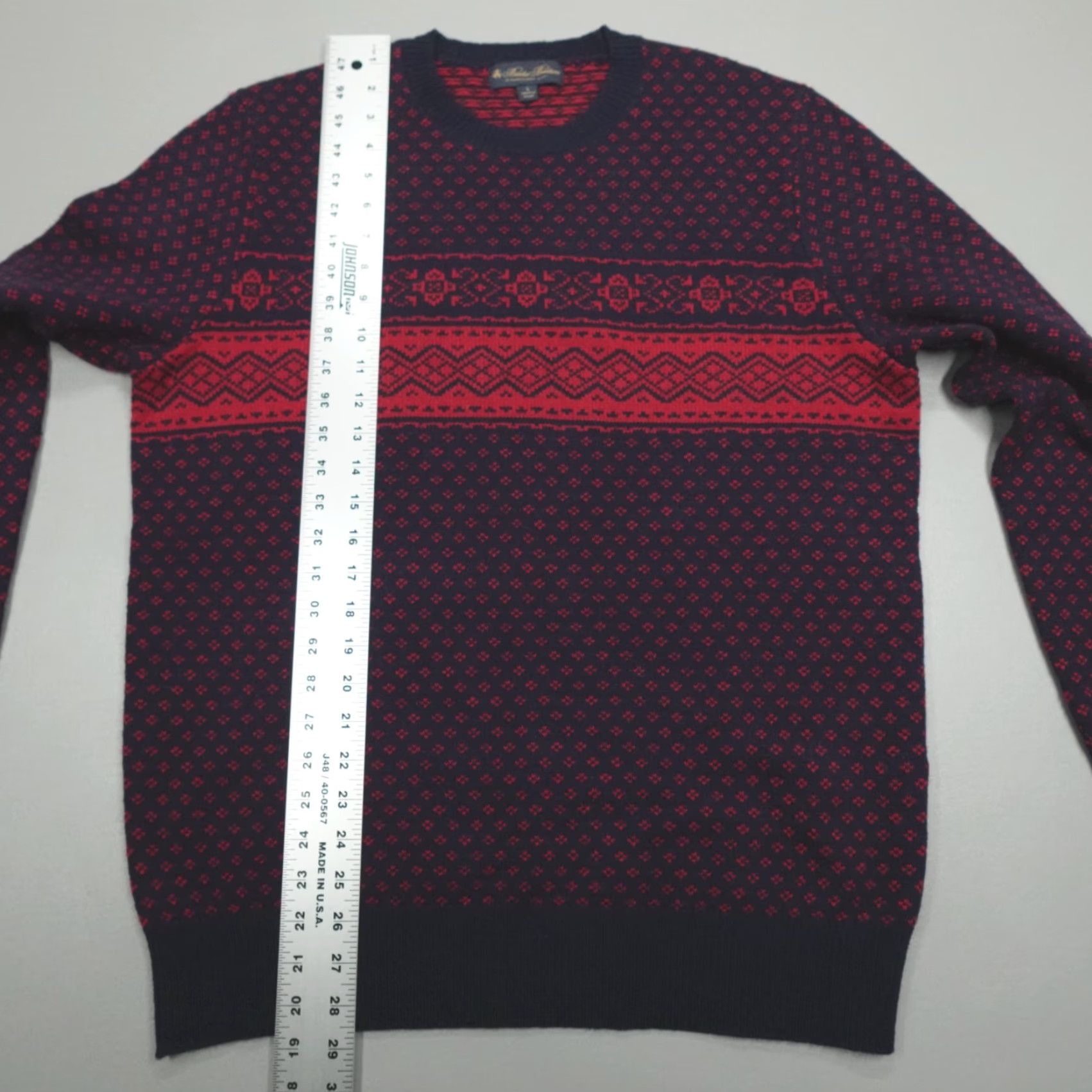 Brooks Brothers Sweater Crewneck Merino Wool Fair Isle Blue Red Mens L Regular Knit Casual Holiday 90s Pullover