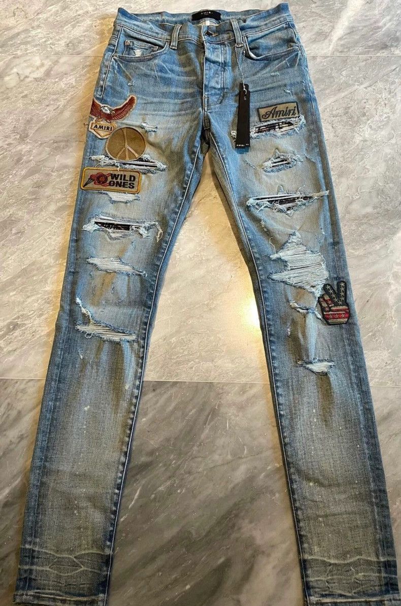 Amiri AMIRI Distressed Patch Blue Denim Jeans - dmc Size US 31 - 1 Thumbnail