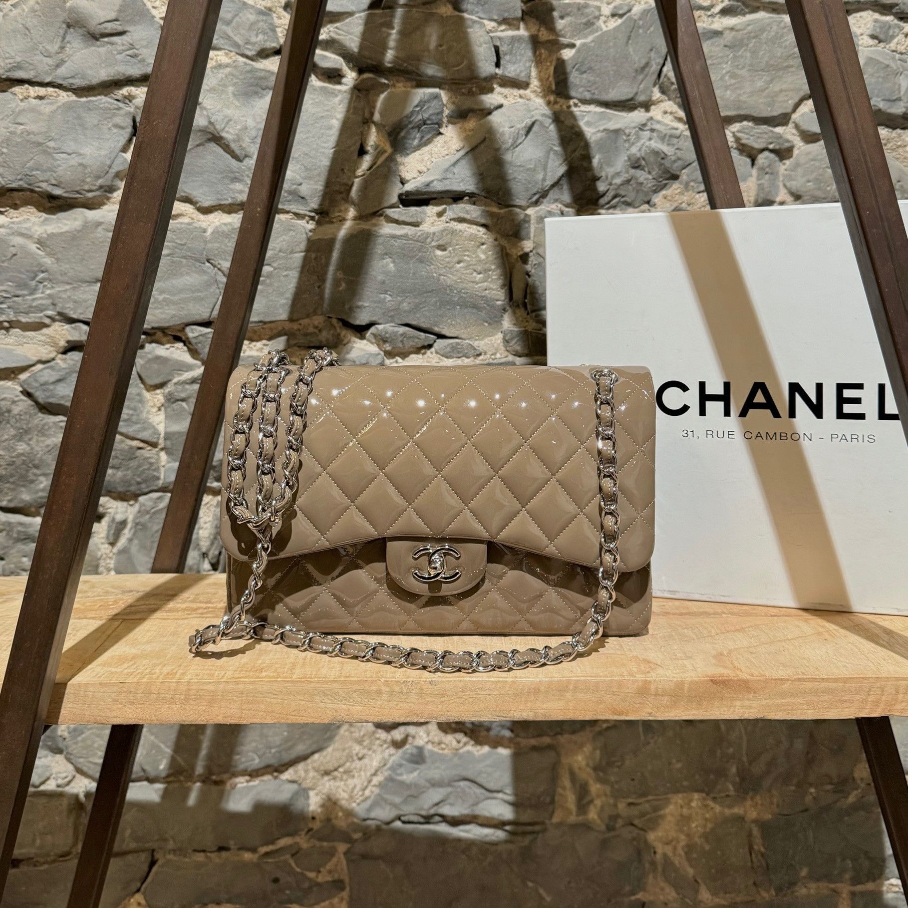 Chanel Chanel Jumbo Double Flap Taupe Patent Leather Classic Bag Size ONE SIZE - 1 Thumbnail