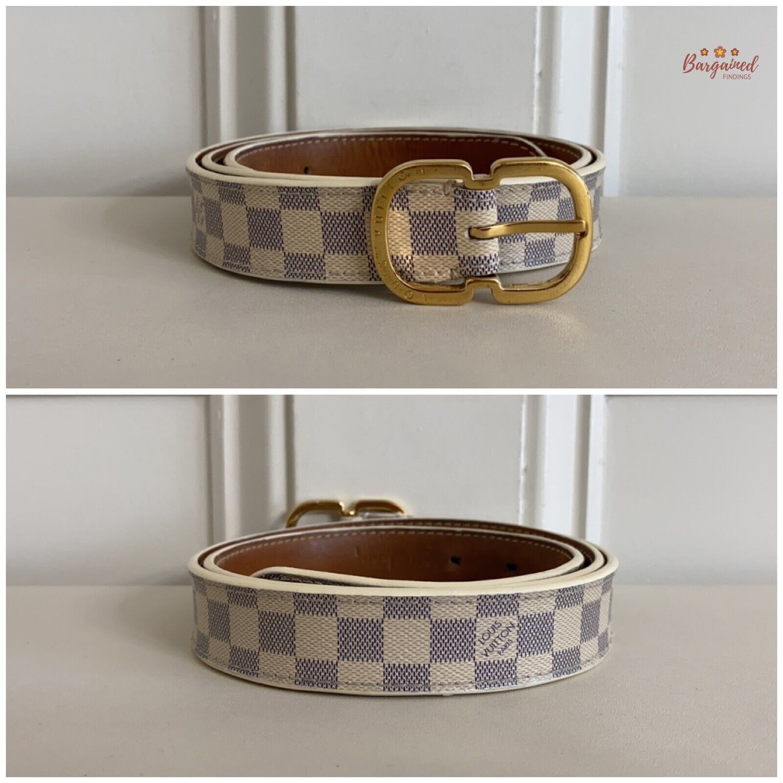 Louis Vuitton Louis Vuitton Damier Azur Leather Gold Butterfly Buckle Belt Size 30 - 7 Thumbnail
