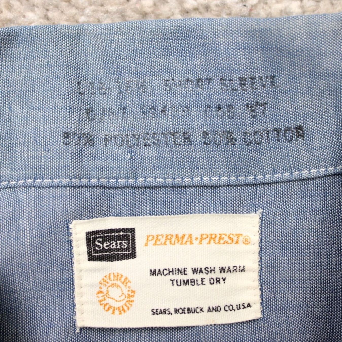 Sears VTG Sears Dress Shirt Mens Large 16-16 1/2 Blue Perma Prest Poly/Cotton S/S Shirt Mens L Blue 50 in Chest 16-16 1/2 Size 42R - 5 Thumbnail