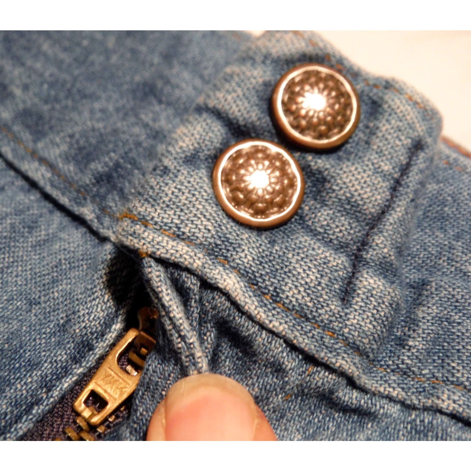 Nique VINTAGE 1970s Denim Jeans by POST GRADS H.I.S Hippy Boho Style Adult 35x30 Blue Unique Pockets USA Made Size US 35 - 5 Thumbnail