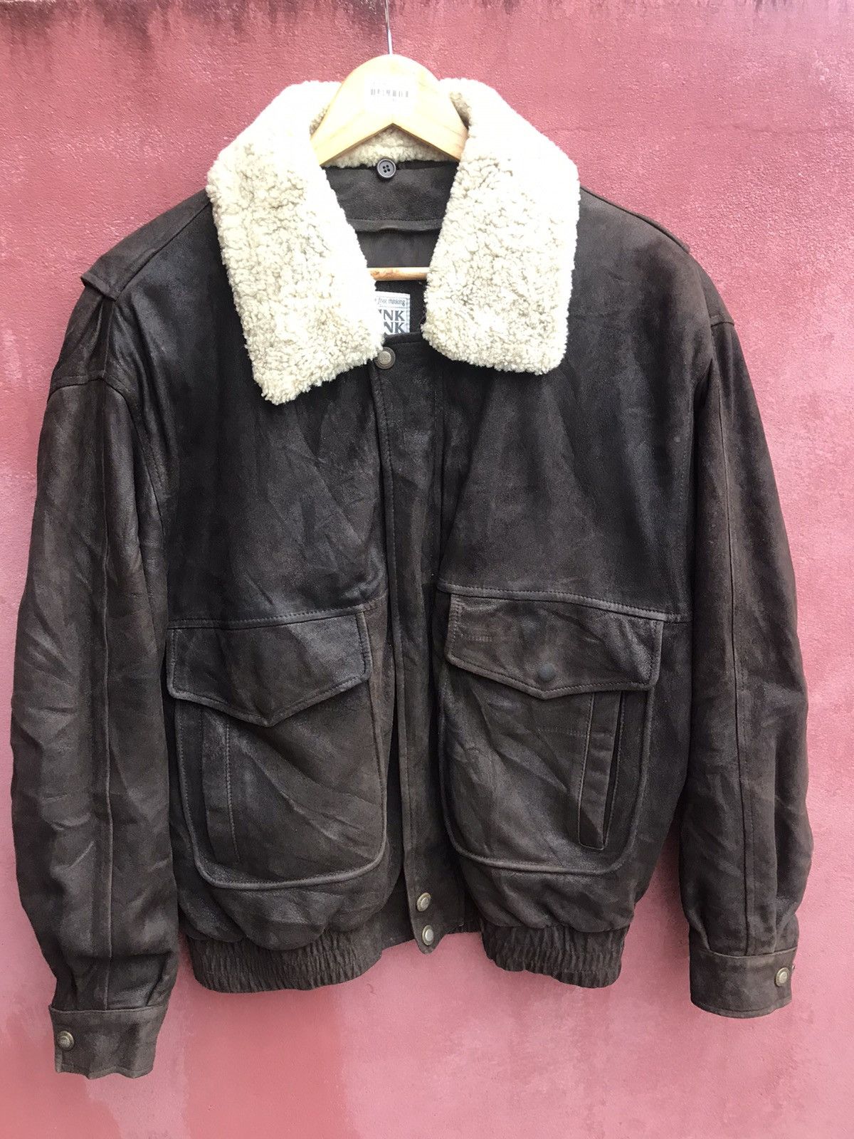 image of Vintage VTG Leather Jacket Think Pink in Black Brown, Men's (Size Large)
