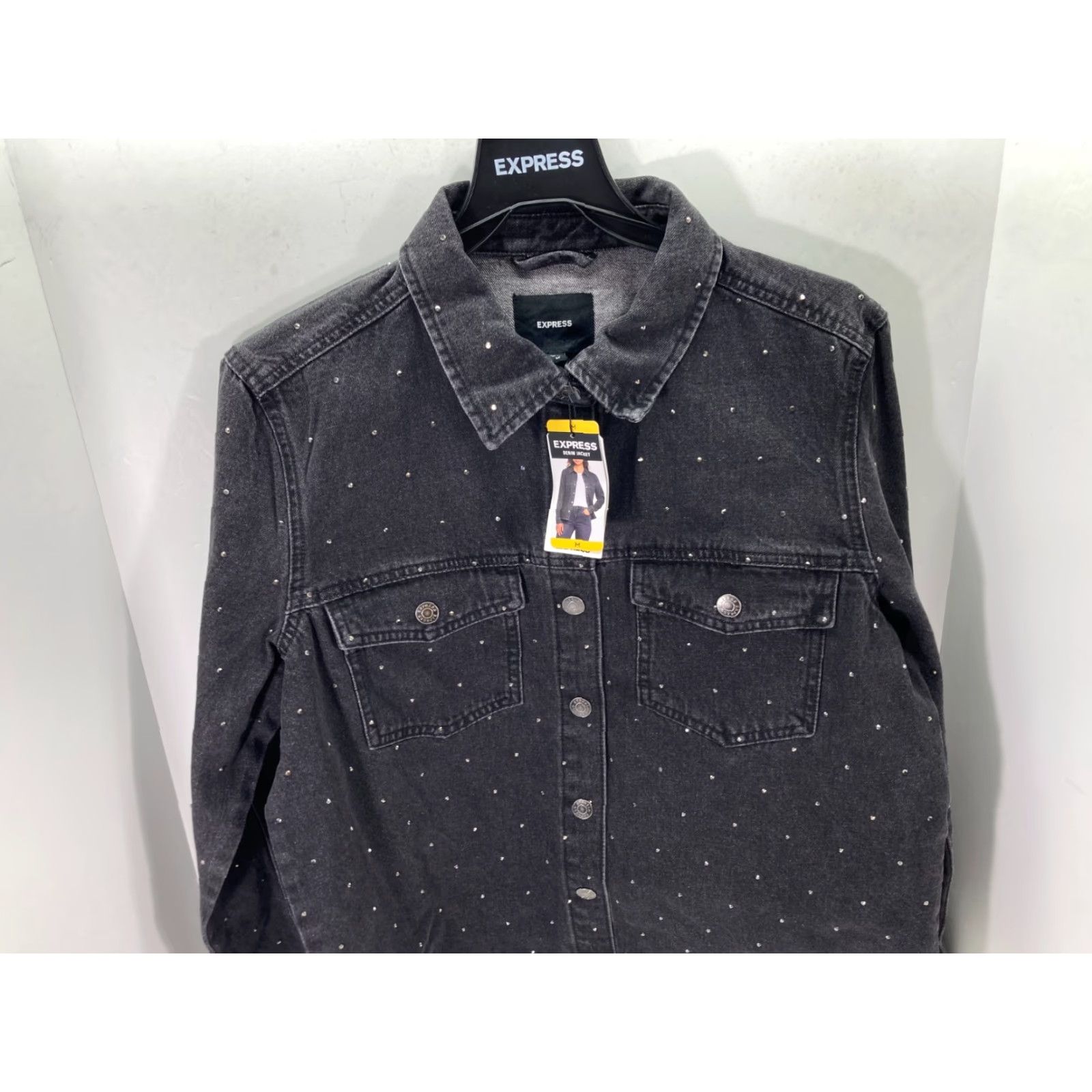 Express Express Jeans Denim Jacket Womens M Black Snap Front Rhinestone Western NWT Size 32" / US 10 / IT 46 - 4 Thumbnail