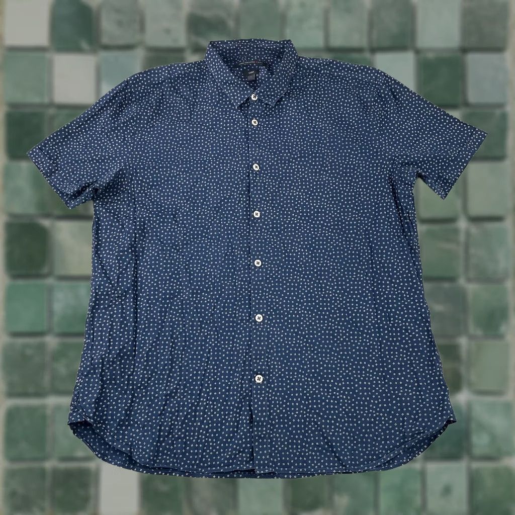 John Varvatos John Varvatos Luxe Shirt Men L Navy Geometric Slim Short Sleeve Button-Up Collared Twill Cotton Spandex Size US L / EU 52-54 / 3 - 1 Thumbnail