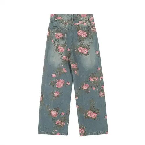 Jean Men's loose wide-leg rose print jeans Size US 32 / EU 48 - 2 Thumbnail