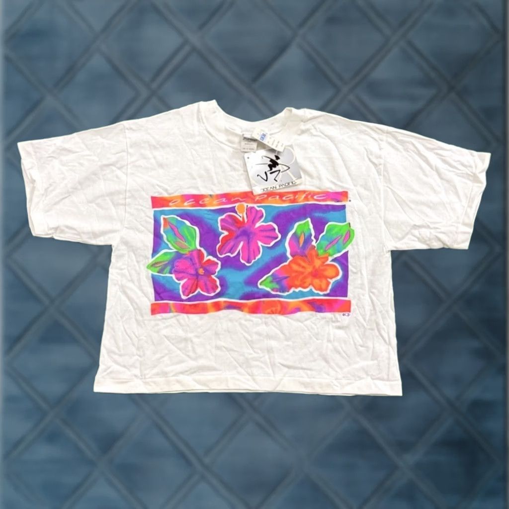 Ocean Pacific VINTAGE Ocean Pacific OP Floral Crop Top T-Shirt OSFA 1990s White Cotton Graphic Sportswear/Beach Mens Women Girls Boys Size ONE SIZE - 1 Thumbnail