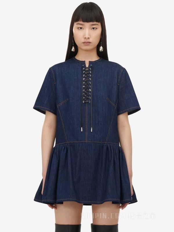 Alexander McQueen o1srvl11e0226 Lace Detail Denim Mini Dress In Blue Size L / US 10 / IT 46 - 5 Thumbnail