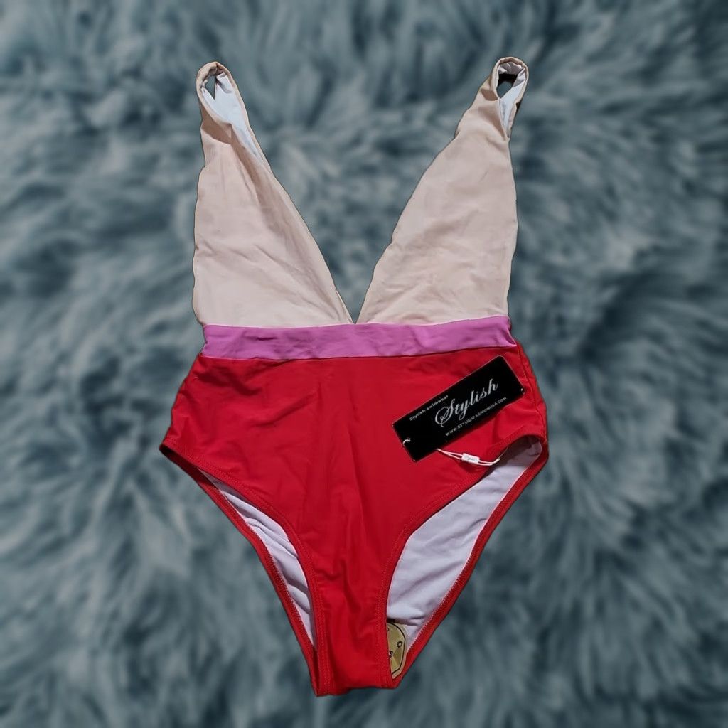 Vintage Stylish One Piece Swimsuit Women S Pink Red Skin Tone Nylon Spandex 82% 18% Beachwear Size ONE SIZE - 1 Thumbnail