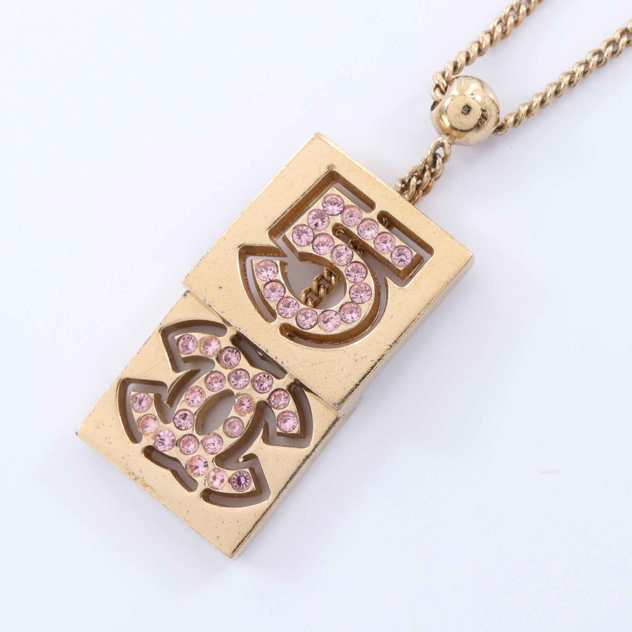 image of Chanel No.5 Coco Mark Necklace Gp Rhinestone Gold Pink 02P, Women's