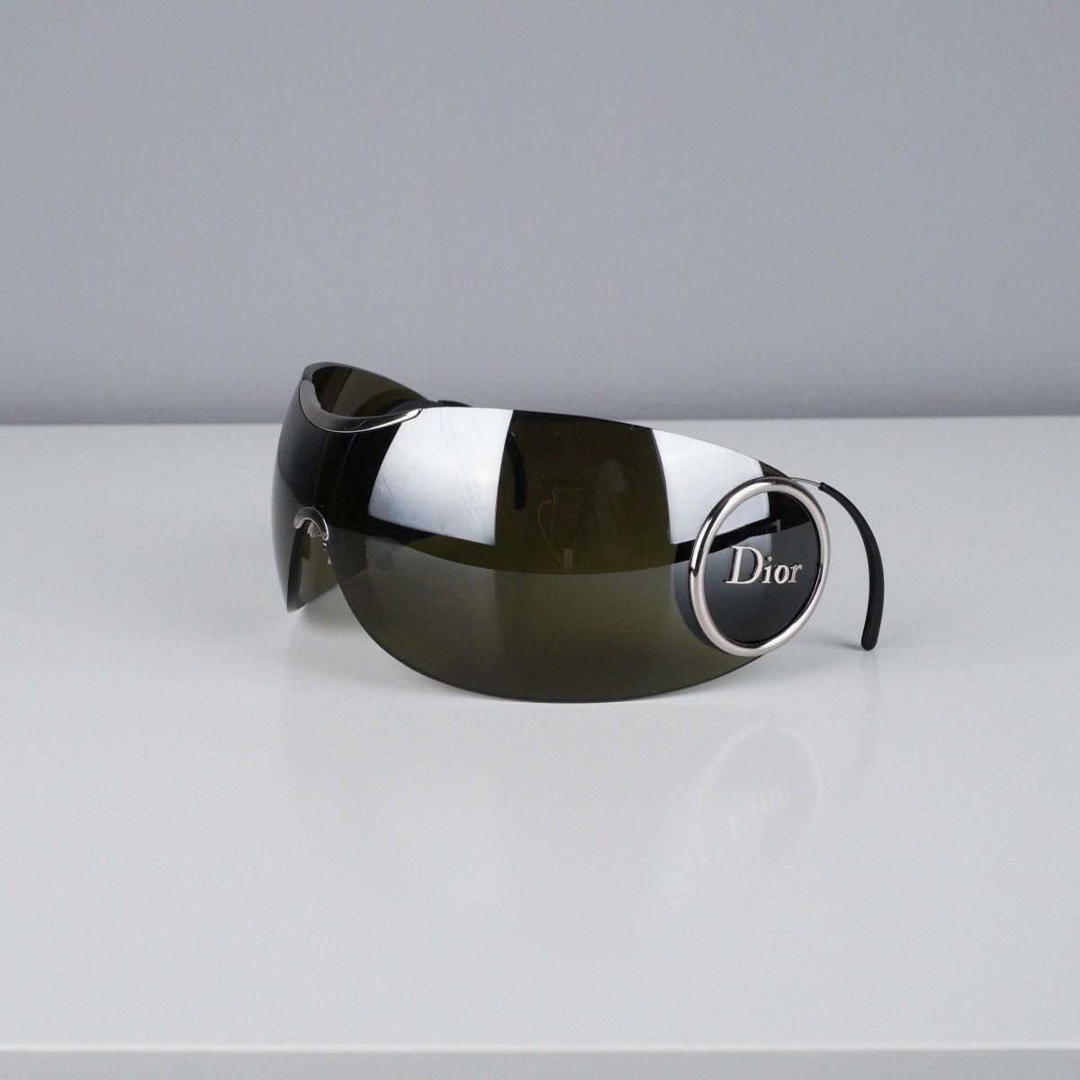 image of Vintage Dior 90's Mask Oversized Logo Biker Shield Sunglasses in Black, Men's