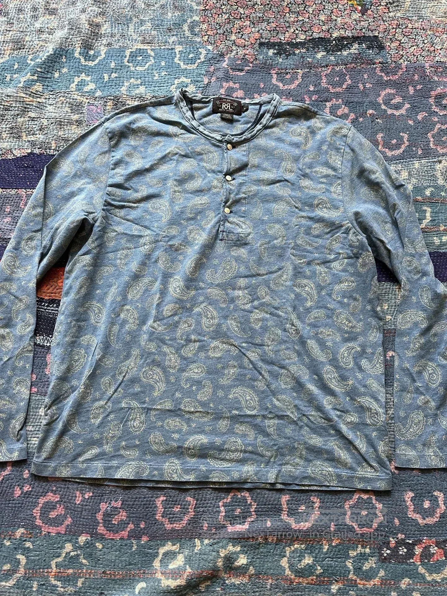 RRL Ralph Lauren rrl indigo dyed paisley long sleeve tee. Size US XL / EU 56 / 4 - 1 Thumbnail