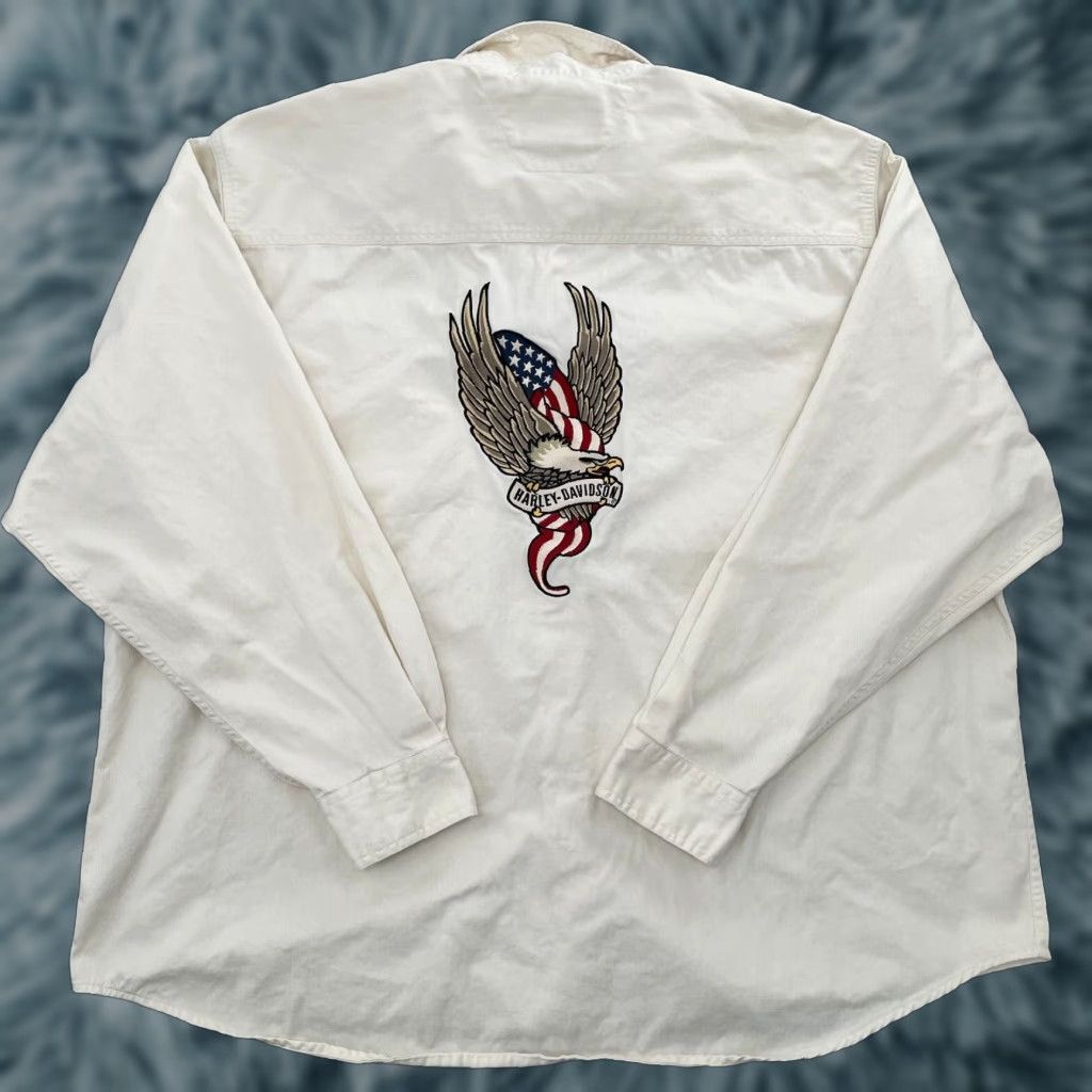 Harley Davidson VINTAGE Harley Davidson Men's Shirt Adult 3XL Cotton Long Sleeve Button-Up Eagle USA Flag Logo Biker Motorcycle 90s Size US XXL / EU 58 / 5 - 1 Thumbnail