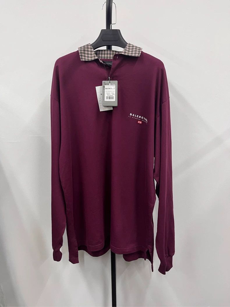 Balenciaga Balenciaga Wine Red Plaid Collar Polo Long Sleeve Size US S / EU 44-46 / 1 - 1 Thumbnail