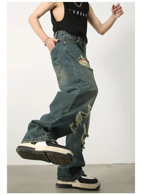 Japanese Brand Washed distressed loose-fitting ripped straight jeans Size US 32 / EU 48 - 5 Thumbnail