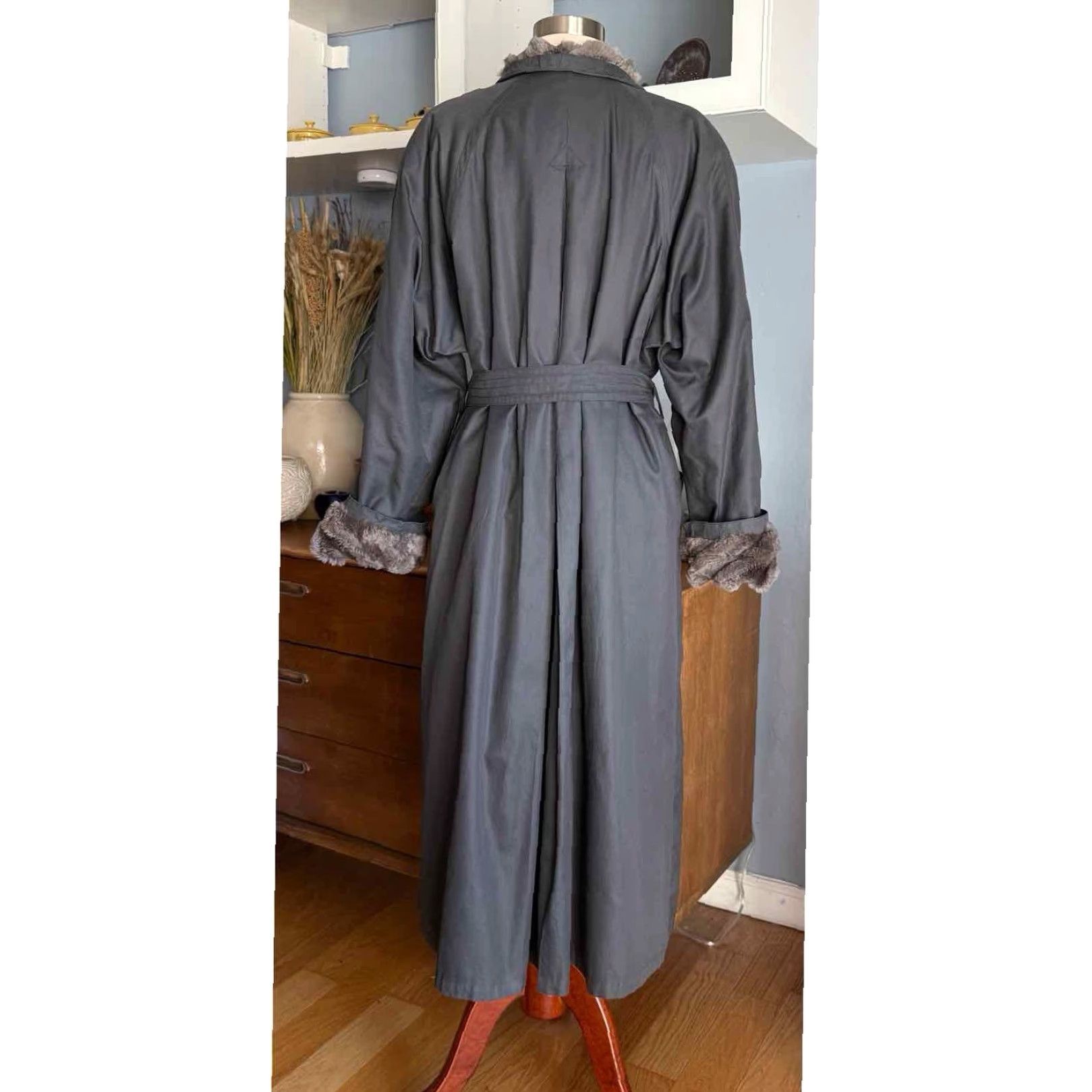 Louis Feraud VINTAGE Louis Feraud Gray Cotton Trench Coat Fur Trim Double Breasted Jacket Womens 10 80s Paris Outdoor Mink Trench Coat Size L / US 10 / IT 46 - 4 Thumbnail
