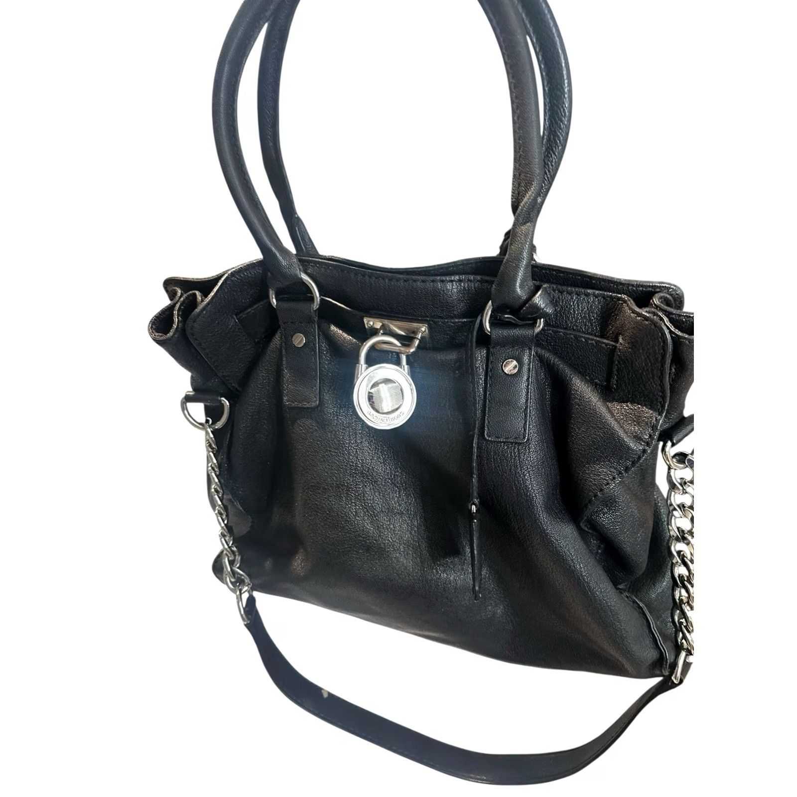 Michael Kors Michael Kors Hamilton Satchel Tote Bag Large Black Pebbled Leather Silver Lock Chain Women Size ONE SIZE - 3 Thumbnail