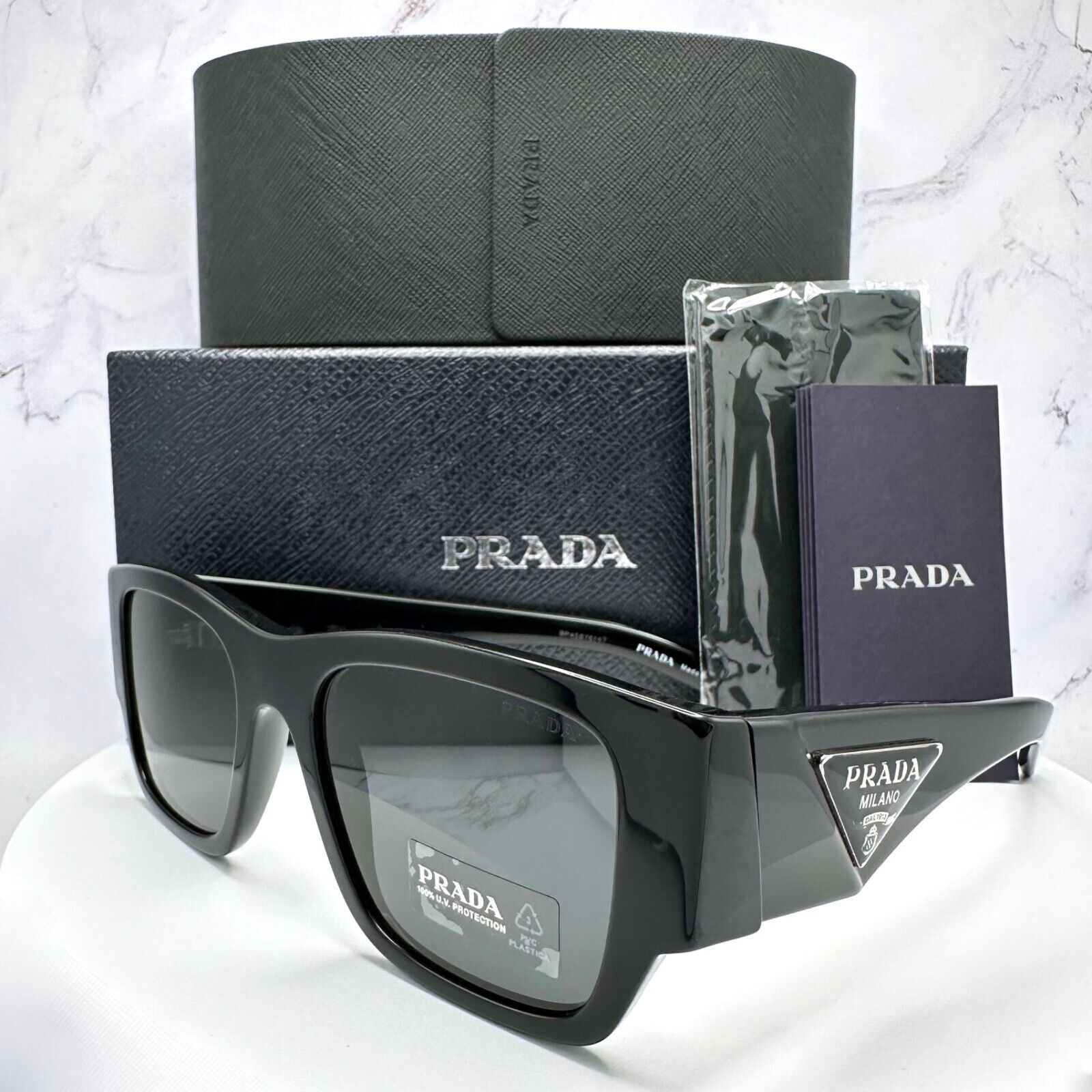 New Prada Sunglasses Black Square Oversized Triangle Plaque