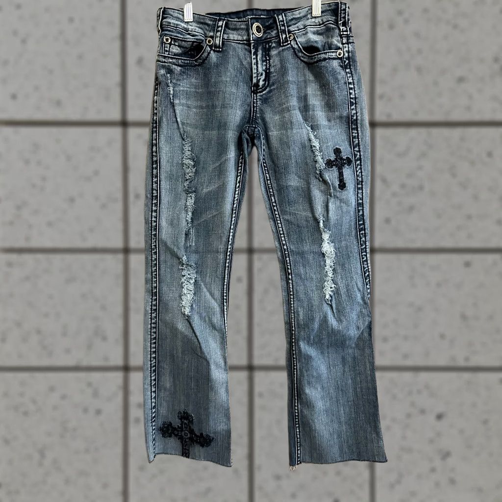 Vintage VINTAGE Cowgirl Tuff Victory Block Distressed Crosses Blue Jeans Women 28x29actual Size ONE SIZE - 1 Thumbnail