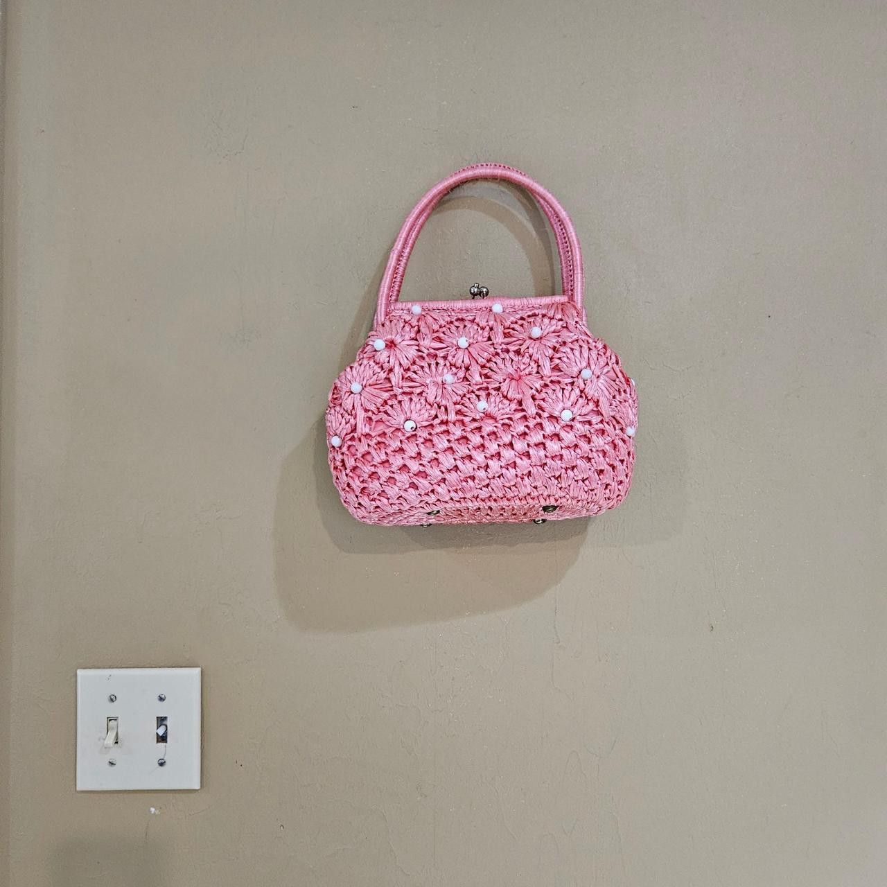 Vintage 50s 60s cottagecore coquette pink white raffia handbag Size ONE SIZE - 8 Thumbnail