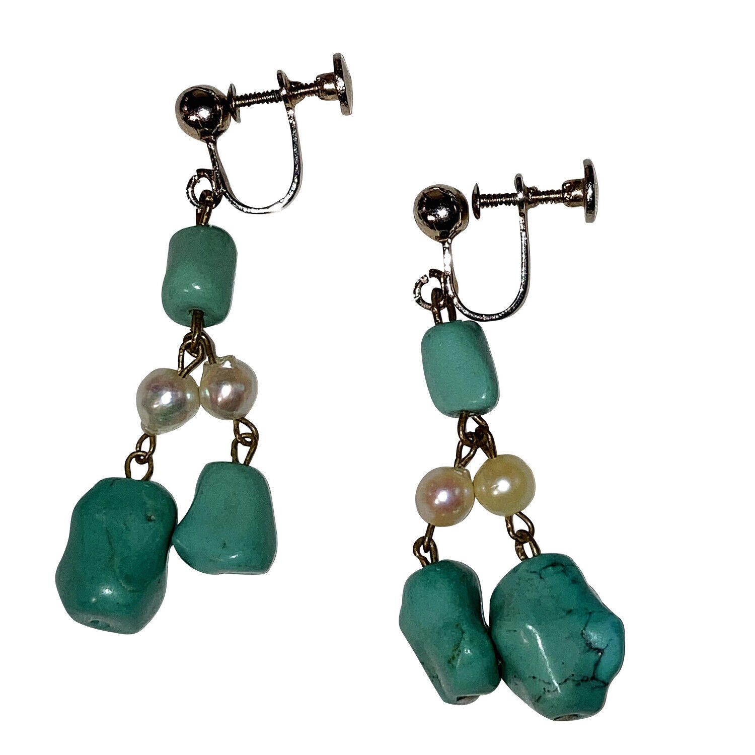 Designer Gold Chinese Turquoise & Natural Pearl Bead Dangle Earrings Size ONE SIZE - 3 Thumbnail