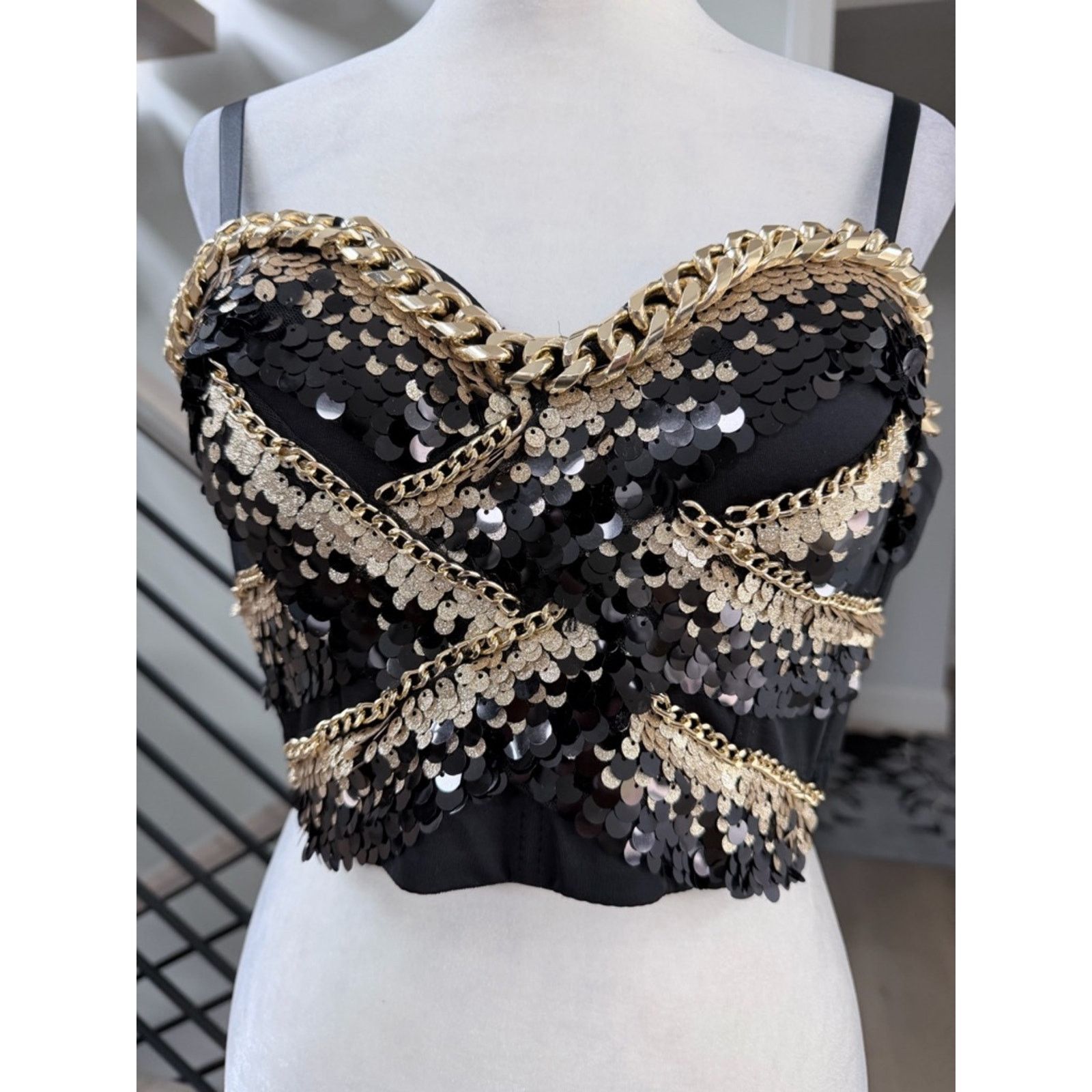 Other New Y2K Glam Black and Gold Sequin Bustier Crop Top size S Size S / US 4 / IT 40 - 12 Thumbnail