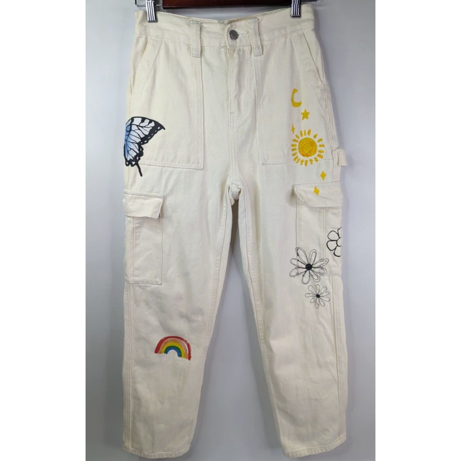 Pacsun Pacsun High Rise Carpenter Cargo Beige Jeans 24 Hippie Hipster Butterfly Size 42" / US 20 - 2 Thumbnail