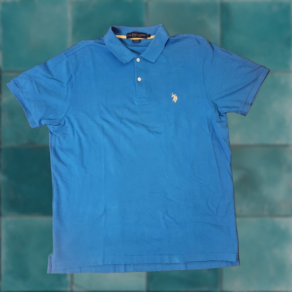 Vintage US Polo Assn. Men's Polo Shirt Blue Short Sleeve Large Regular Cotton Solid Collared Logo Sports Golf Walking Travel Casual Spring Summer Fall Mens Size US L / EU 52-54 / 3 - 1 Thumbnail