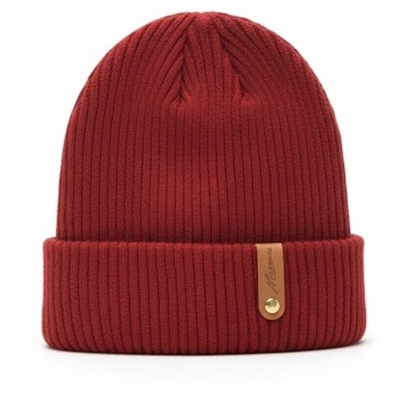 Other New Burgundy Red Knit Beanie Hat Leather Patch Cuffed Winter Size ONE SIZE - 1 Thumbnail