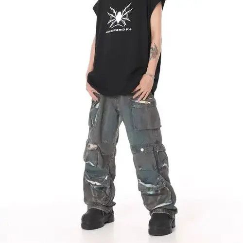 Jean Retro distressed multi-pocket tie-dye gradient work jeans Size US 32 / EU 48 - 4 Thumbnail
