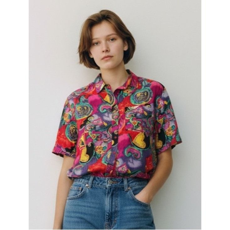 Vintage Vintage 100% Silk Pink and Purple Paisley Short Sleeve Silk Size L / US 10 / IT 46 - 1 Thumbnail