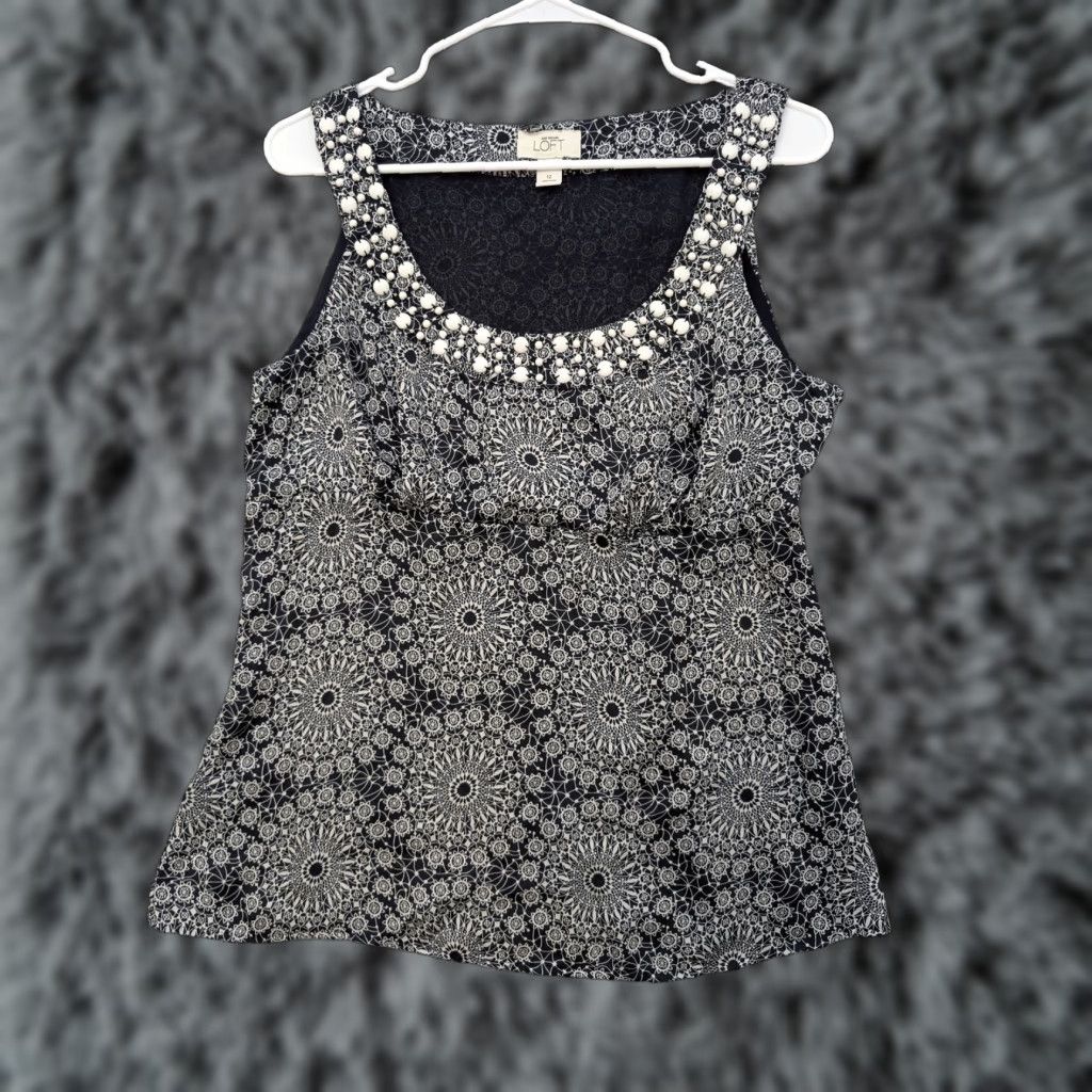 Ann Taylor Ann Taylor LOFT Tank Womens 12 Black White Sleeveless Embellished Geometric Print Beaded Sequin Zipper Scoop Neck Casual Elegant Bohemian Modern Women Size XL / US 12-14 / IT 48-50 - 1 Thumbnail