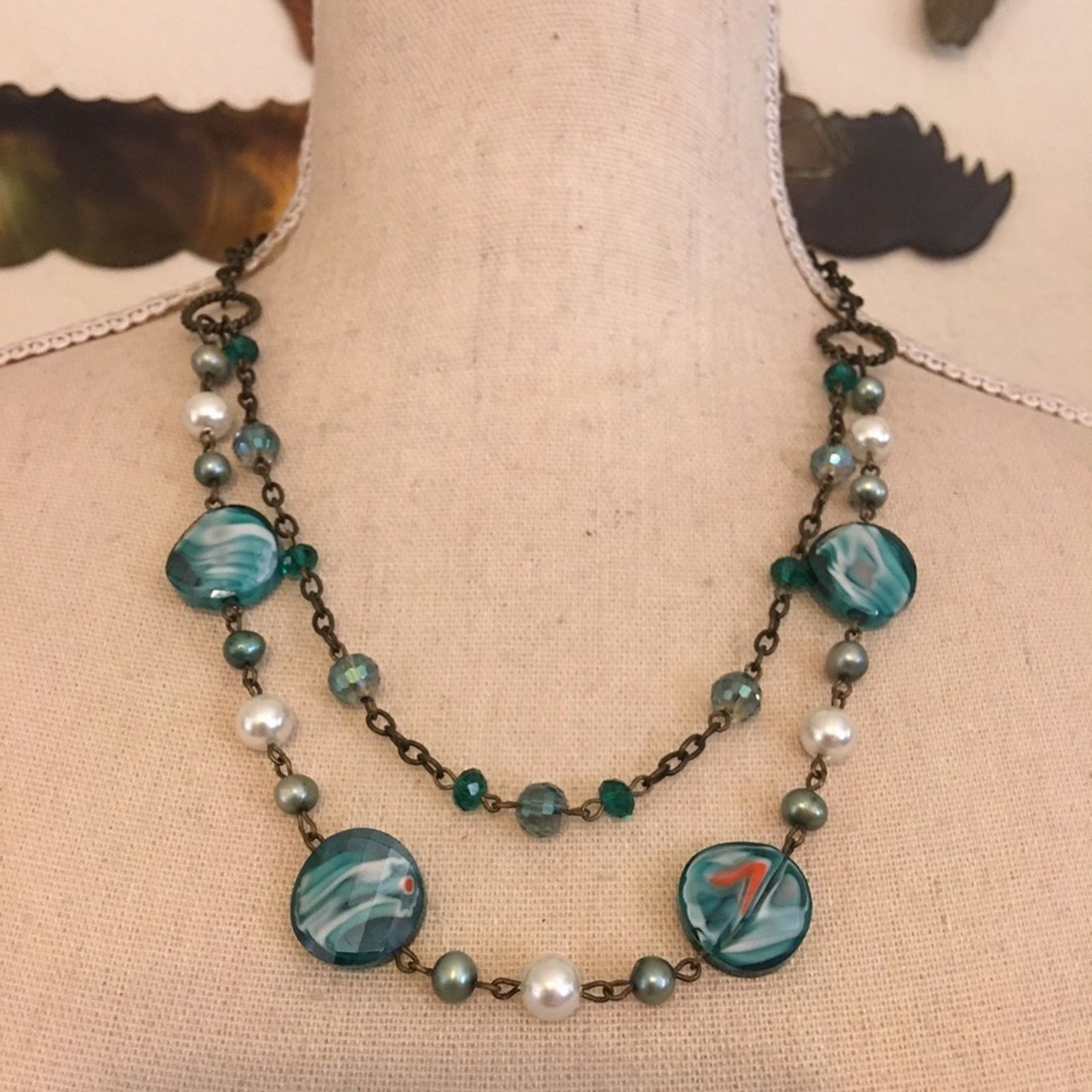 Jewelry Vintage cut marbled glass bead brass chain set Size ONE SIZE - 1 Thumbnail