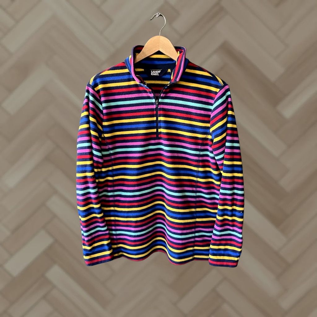 Lands' End Lands' End Multicolor Striped Fleece Mock Neck Sweater Size L Womens Size L / US 10 / IT 46 - 1 Thumbnail