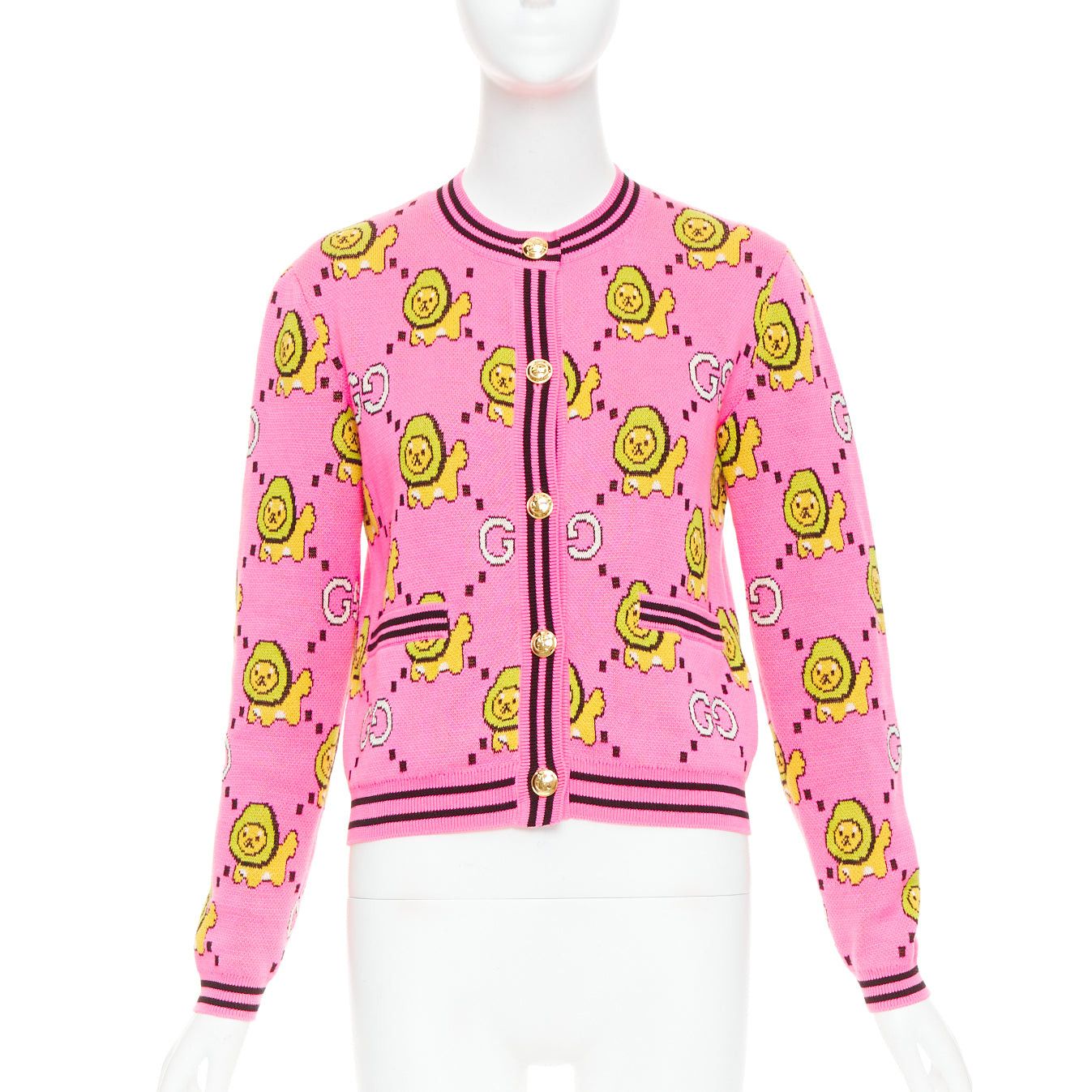 Gucci GUCCI PIKARAR pink yellow cotton Kawaii Lion GG monogram cropped cardigan XXS Size XS / US 0-2 / IT 36-38 - 1 Thumbnail