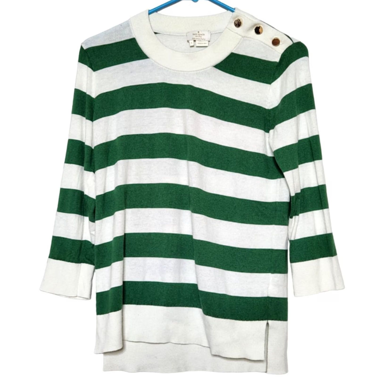Vintage Kate Spade Womens S Sweater Striped 3/4 Sleeve Crew Neck Green White Cashmere Blend Knit Pullover Size S / US 4 / IT 40 - 2 Thumbnail