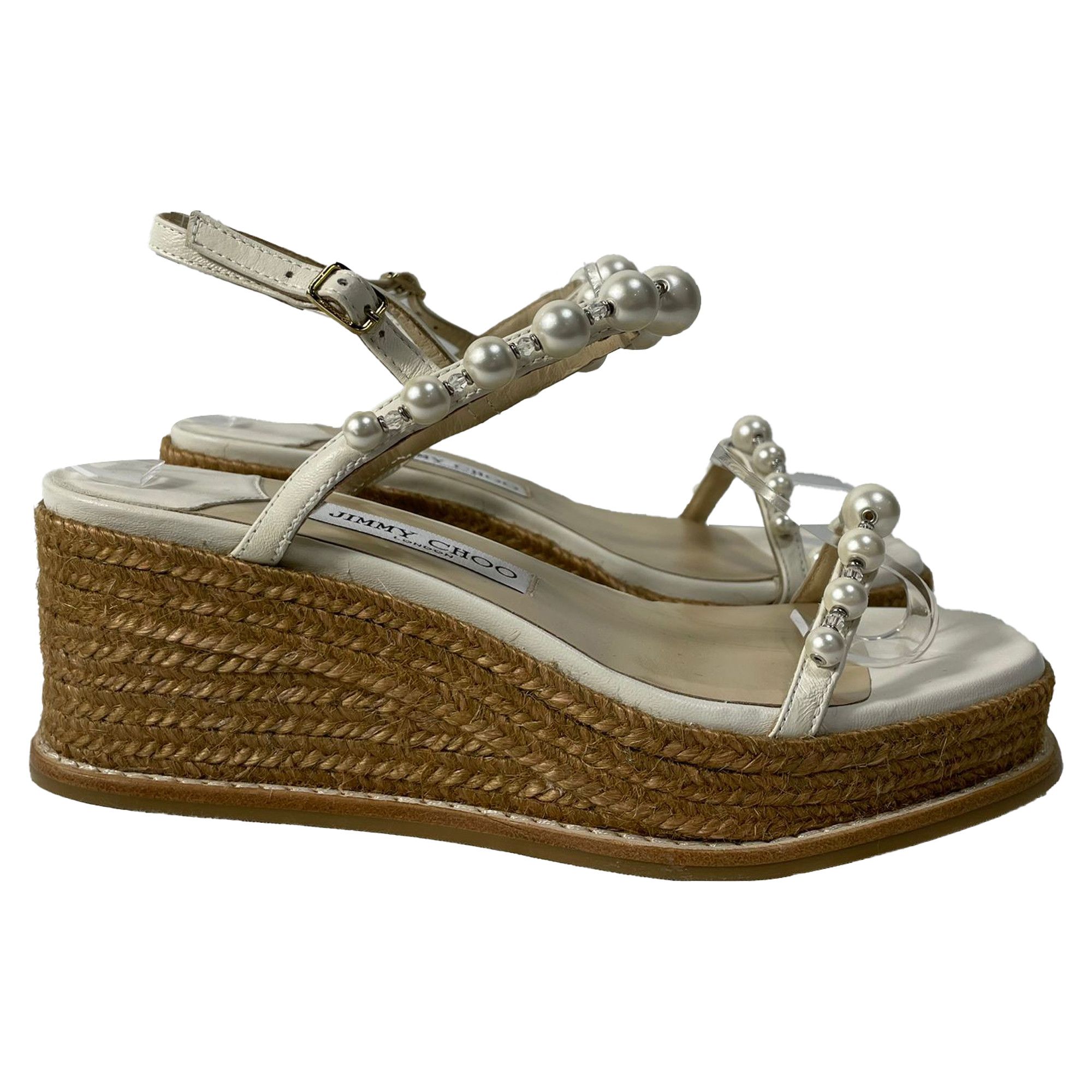 Jimmy Choo Jimmy Choo Latte Wedge Sandals with Pearls in White Nappa Le Size US 6.5 / IT 36.5 - 1 Thumbnail