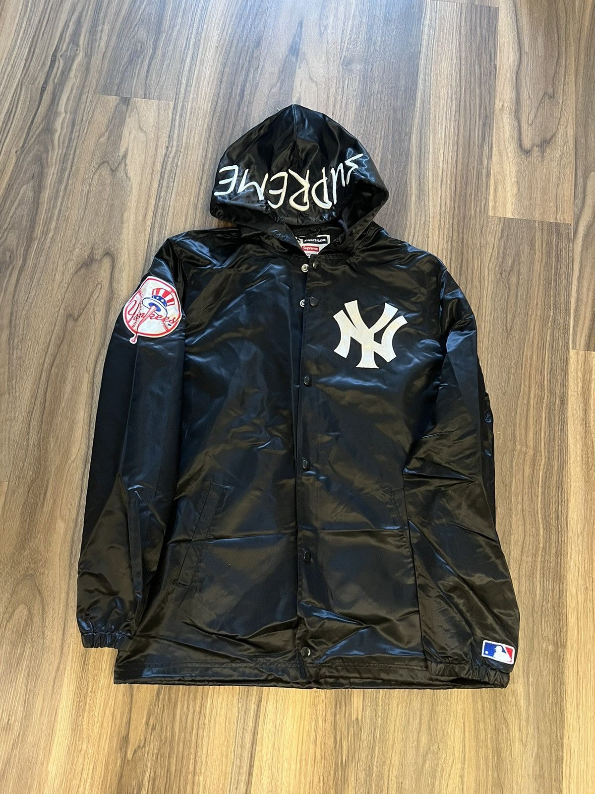 image of Mlb x New York Yankees Supreme X New York Yankees Satin Coaches Jacket Ss15 in Black (Size XL)