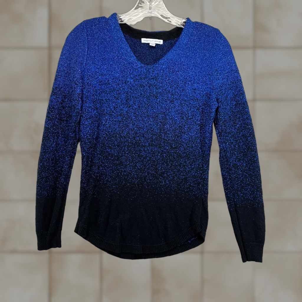 Vintage VINTAGE Notations Blouse Womens Small Black & Blue Metallic Textured V-Neck Long Sleeve Size S / US 4 / IT 40 - 1 Thumbnail