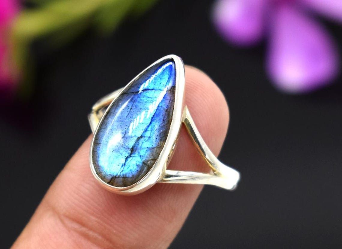 Handmade Pear Labradorite 925 Sterling Silver Ring - Boho Jewelry Size ONE SIZE - 1 Thumbnail