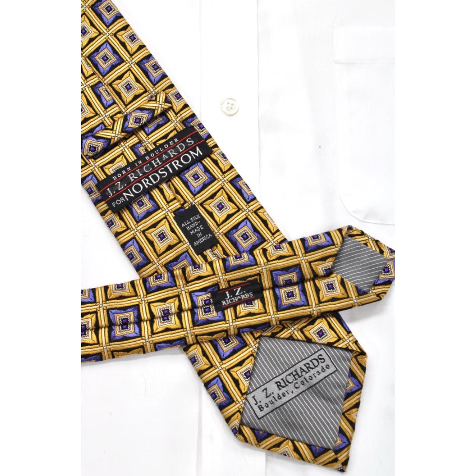 Vintage J Z Richards Silk Necktie Men's Yellow Gold Blue Squares Tie Handmade USA Size ONE SIZE - 5 Thumbnail