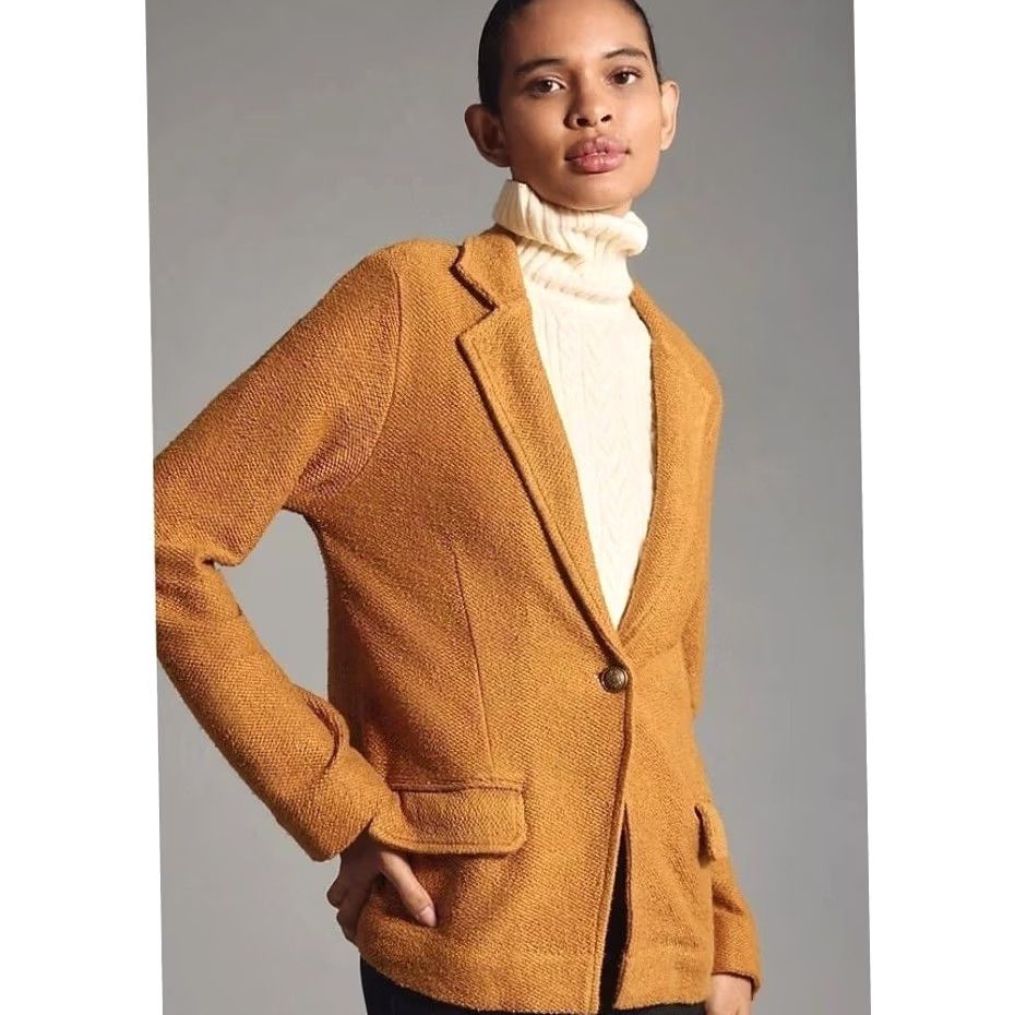Vintage Maeve Knit Jacket Blazer Button Long Sleeve Mustard Yellow Womens M Casual Boho Solid Quilted Open Pockets Oversized Cotton Knit Size M / US 6-8 / IT 42-44 - 2 Thumbnail