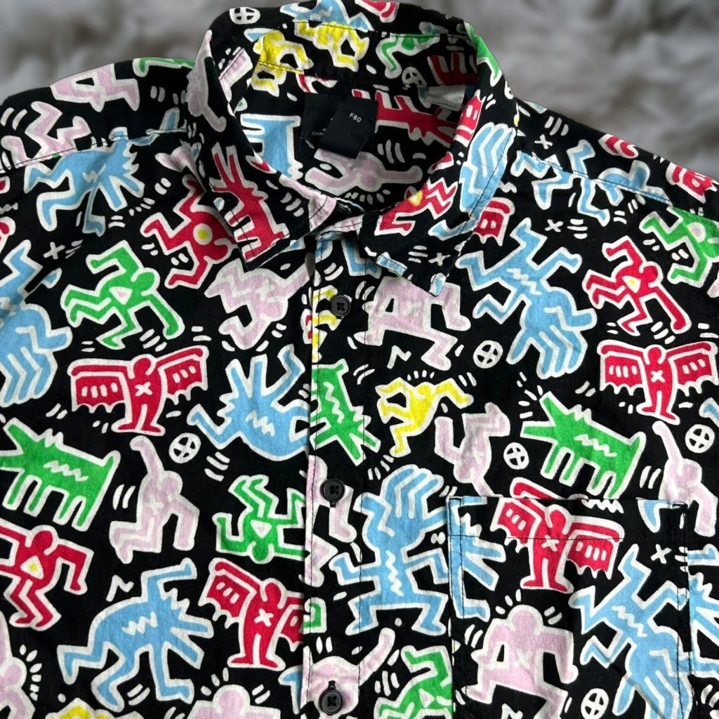 VINTAGE H&M Camp Shirt Men’s Button-Up 100% Cotton Keith Haring All Over Medium Blue Shirt Mens Medium Keith Haring All Over Print