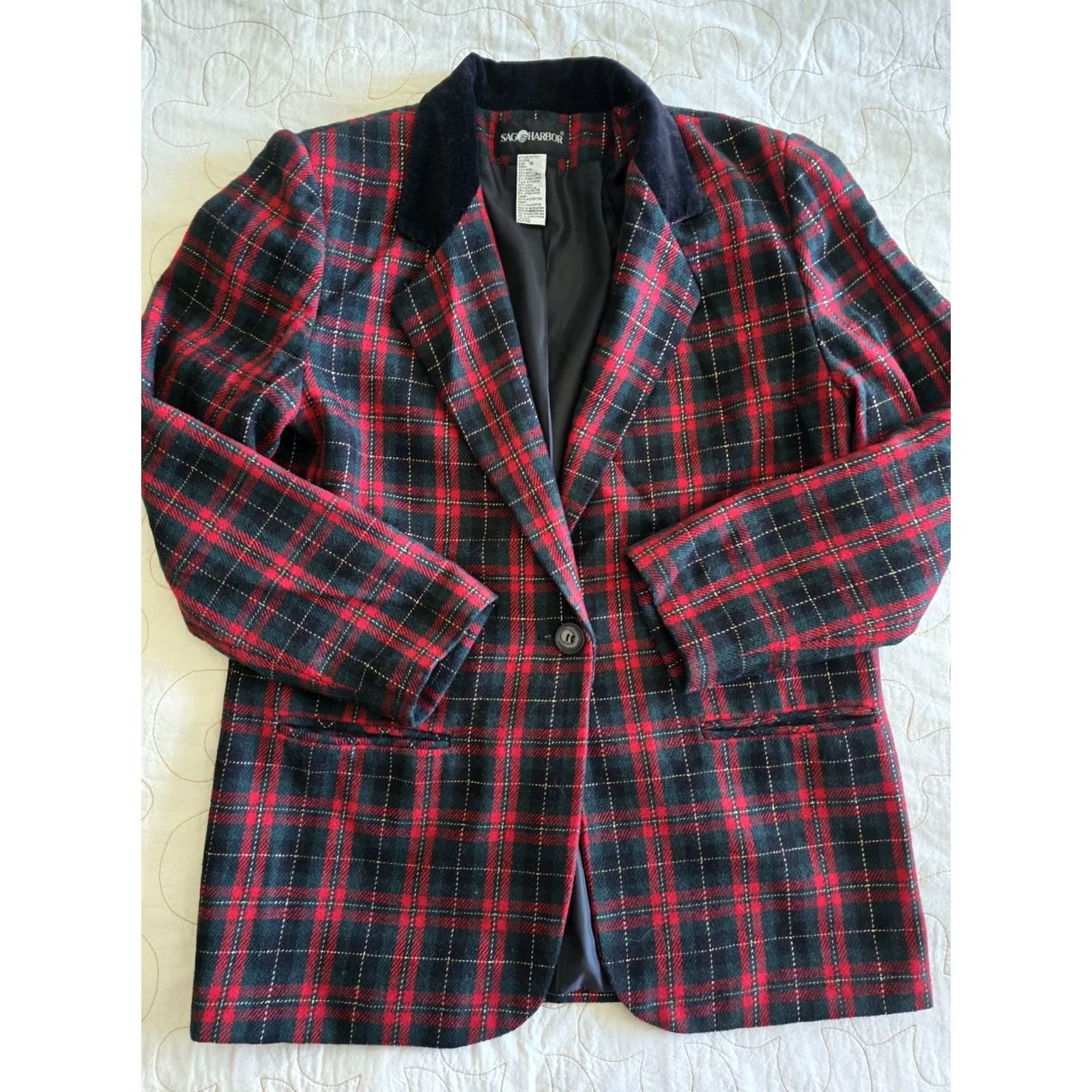 Vintage VINTAGE Sag Harbor Blazer Wool Plaid Red Black Velvet Collar 1990s Women Mens? Size L / US 10 / IT 46 - 5 Thumbnail