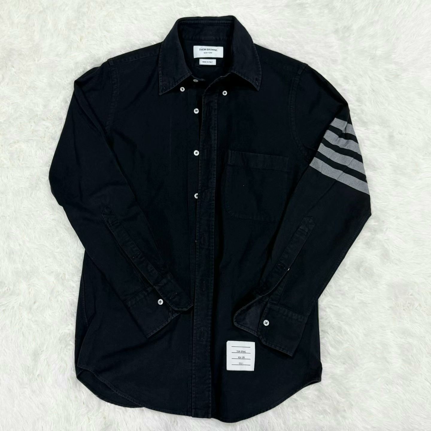 navy blue thom browne long sleeve shirt