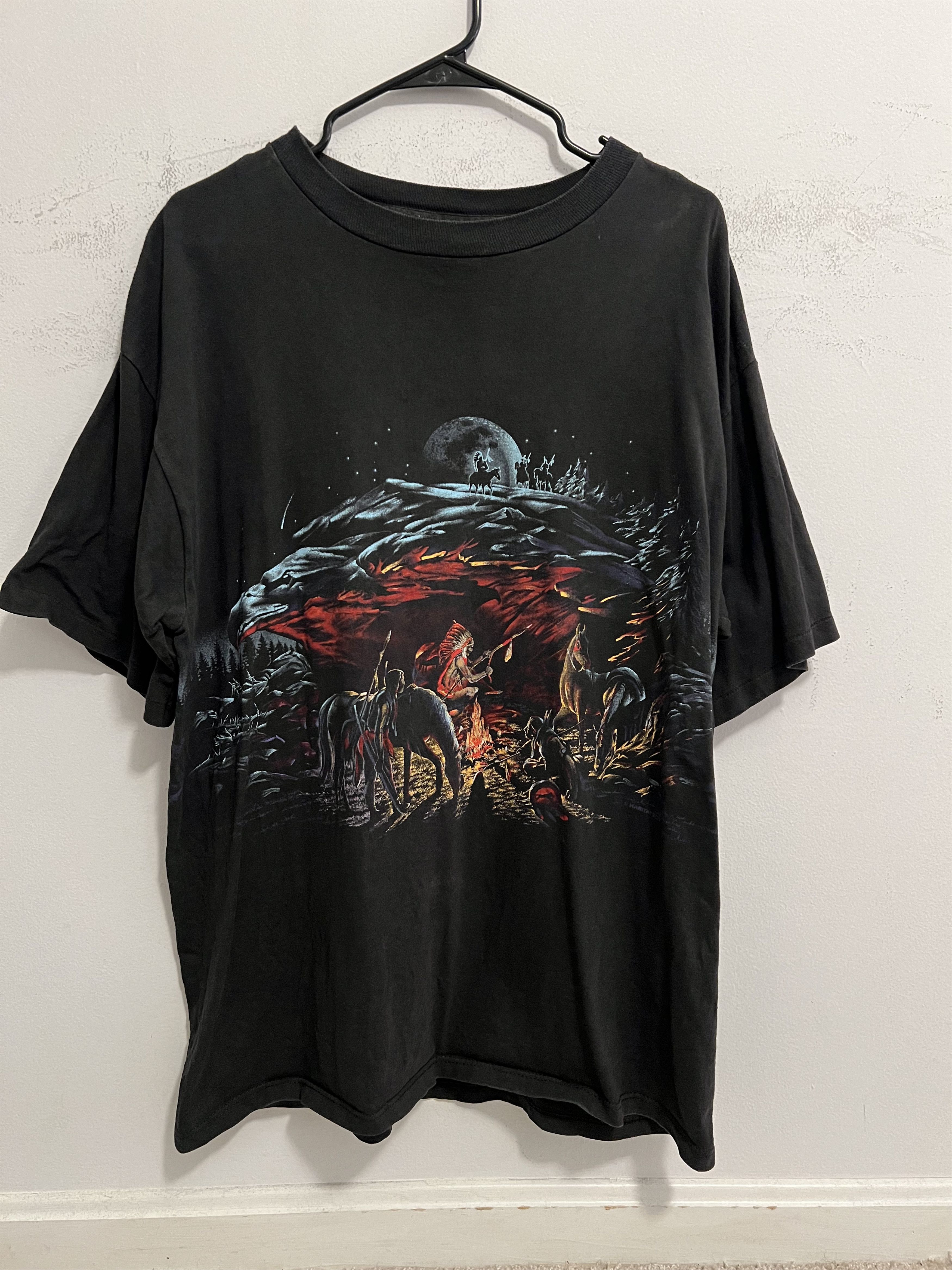 Image of Vintage 1994 Native American Campfire Scenic Tee Wildlife Navajo in Black, Men's (Size XL)