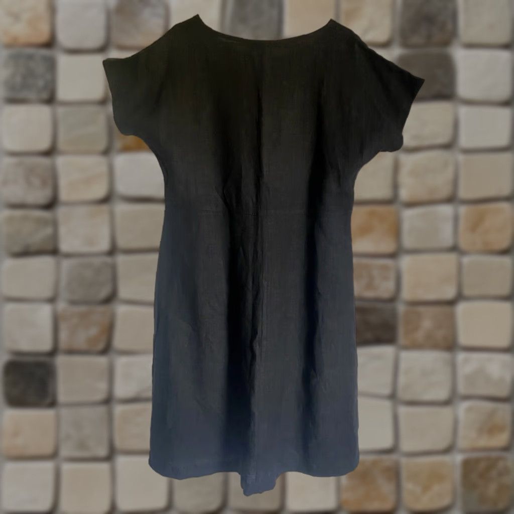 Vintage VINTAGE Frisson Women's Linen Midi Dress Short Sleeve Made in USA Sz L Black Pockets 90s Bohemian A-Line Casual Modern Classics Size 36" / US 14 / IT 50 - 1 Thumbnail