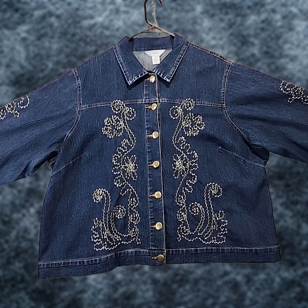 Denime VINTAGE CJ Banks Women's Denim Embroidered Button-Up Shirt Jacket 2X Blue 90s Shacket Casual Womens Size XXL / US 16-18 / IT 52-54 - 1 Thumbnail