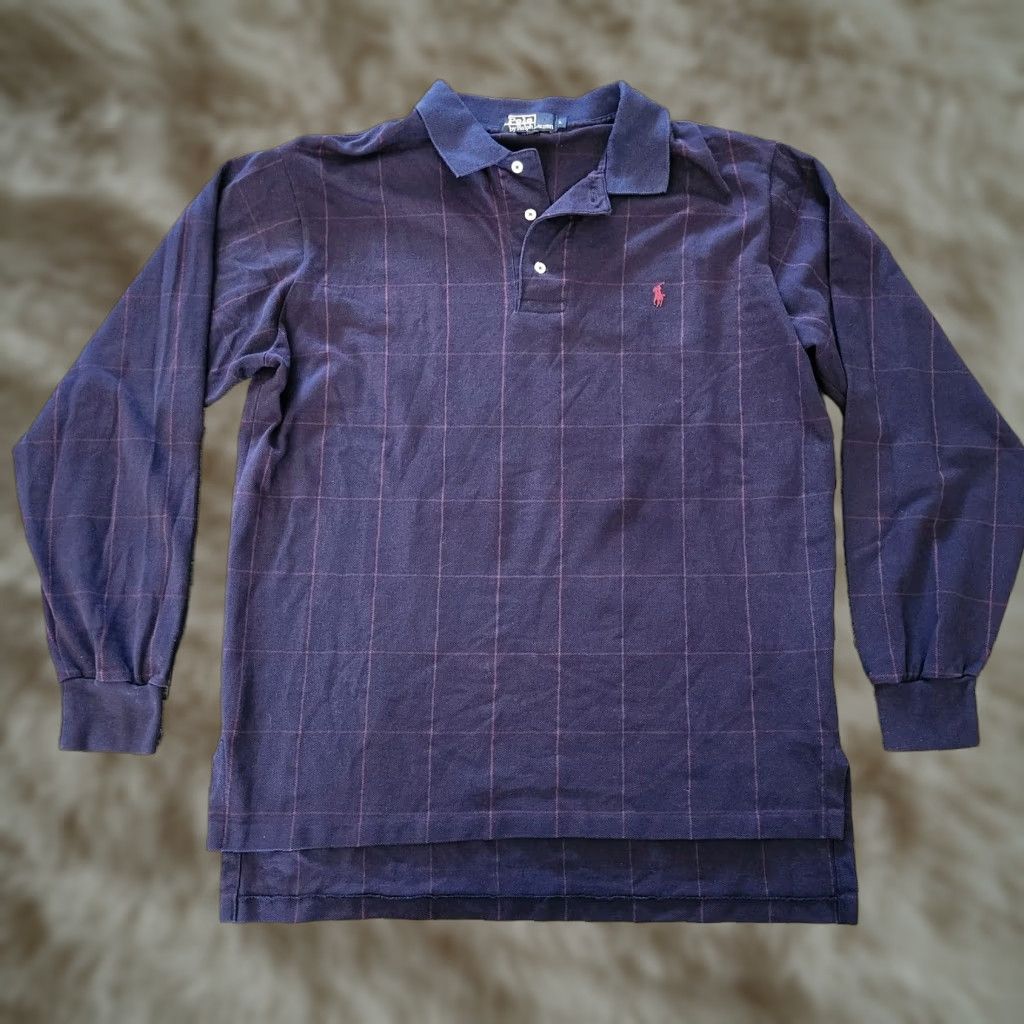 Polo Ralph Lauren VINTAGE Polo Ralph Lauren Long Sleeve Polo Mens Large Navy Check Made in USA 90s Mens Polo Shirt Blue Check 90s Vintage Regular Mens Size US L / EU 52-54 / 3 - 1 Thumbnail